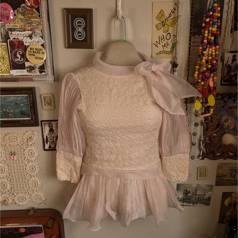 Vintage Chiffon Lace Puff Sleeve Blouse Girl's/Women's XXS Light Pink